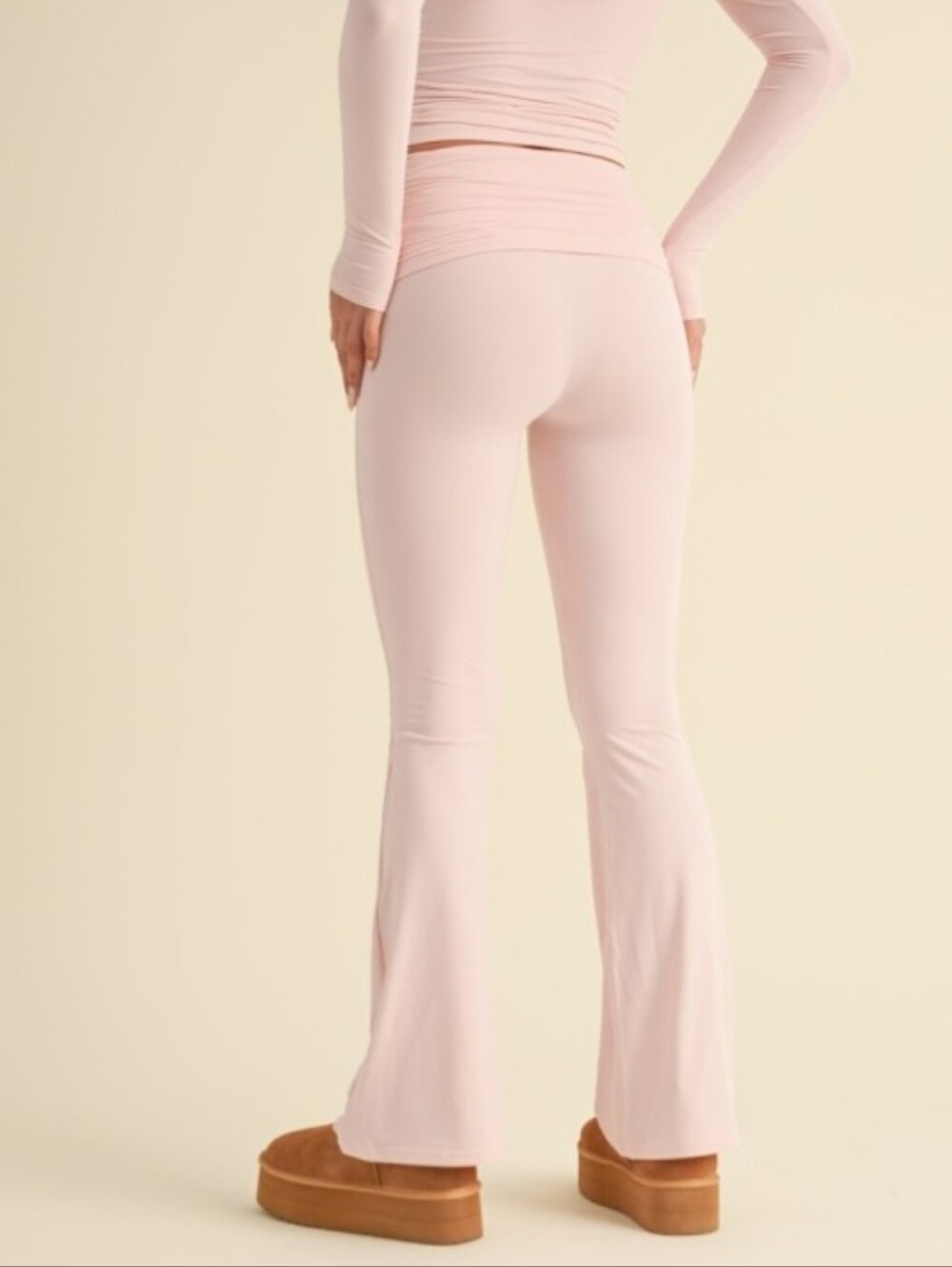 Soft Pink Fold Over Flare Leggings - Picture 6 of 6